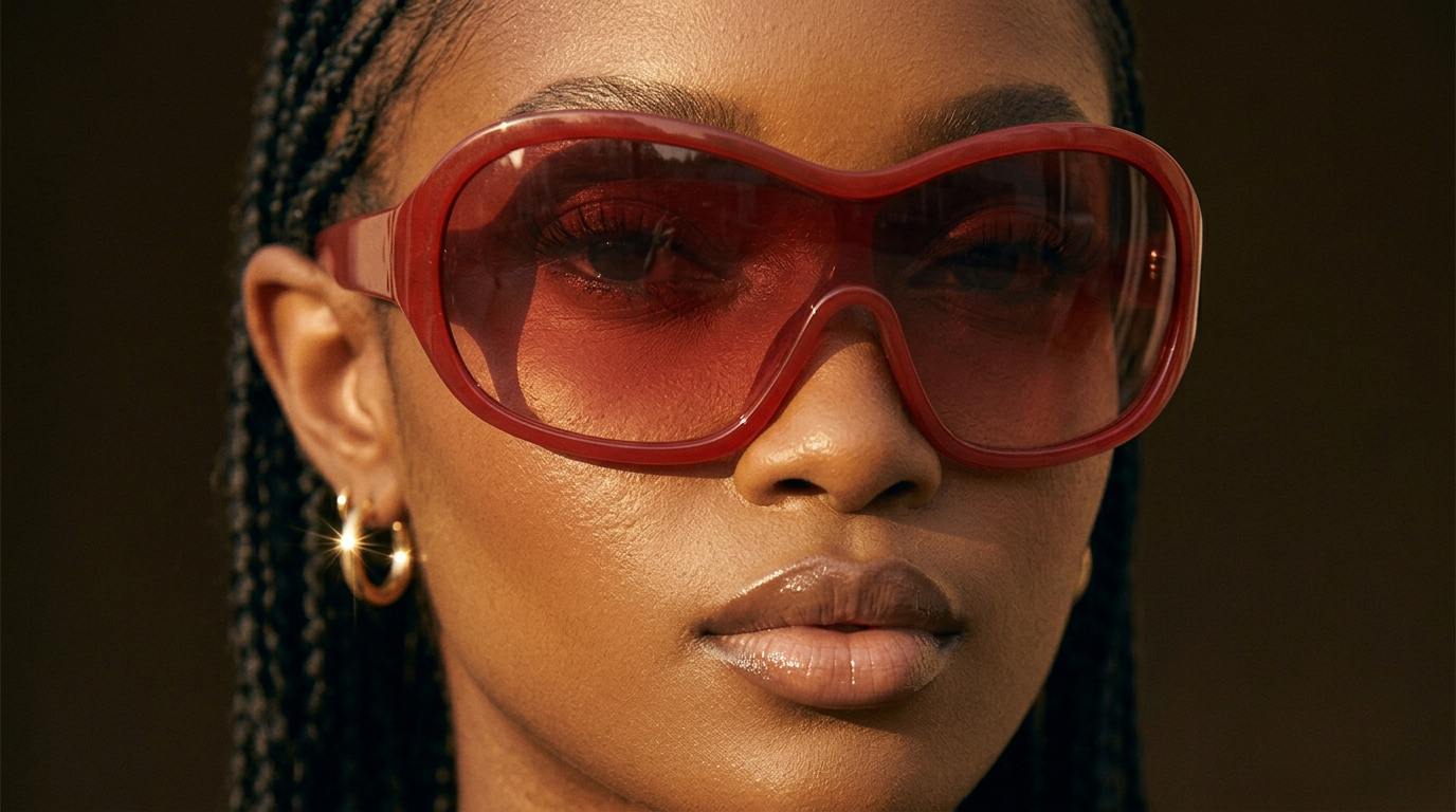 Model in Mira red wrap sunglasses